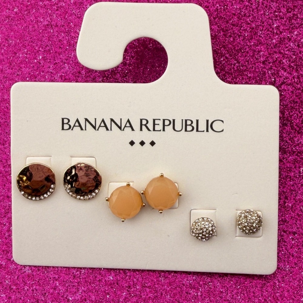 Banana Republic Womens 3 Pair Stud Earring Set Gold Tone Peach Crystal 453117